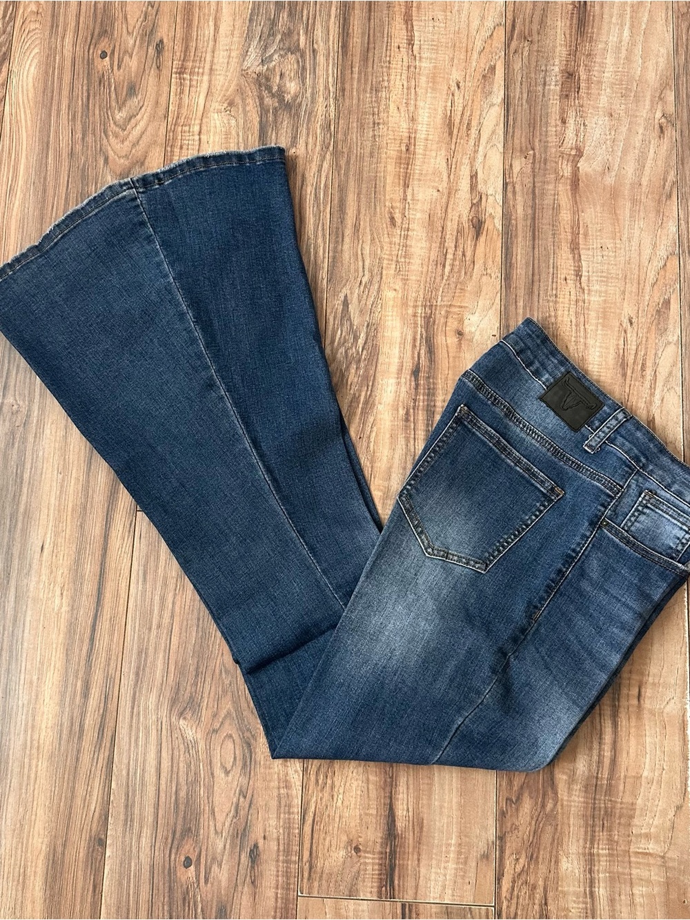 Starched Lucky & Blessed Indigo Flare Bell Jeans Whisker Fade Distressed 10 x 34